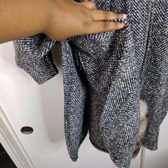 Vintage 80s Grey Black White Wool Swing Trapeze Coat Fox Fur Tail Trim Sz L OS - Picture 12 of 16